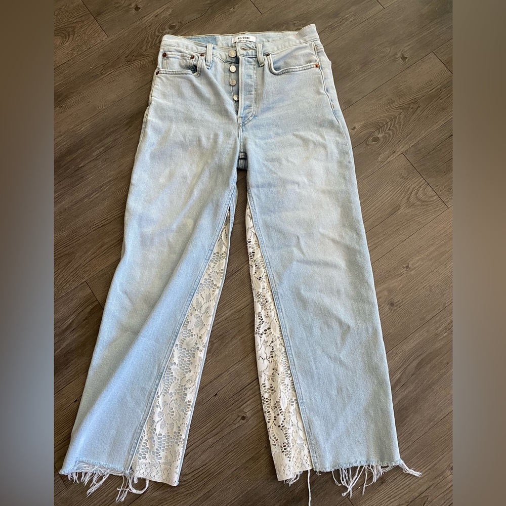 Re/Done Sky Blue Denim with Button Detail,  laced trim